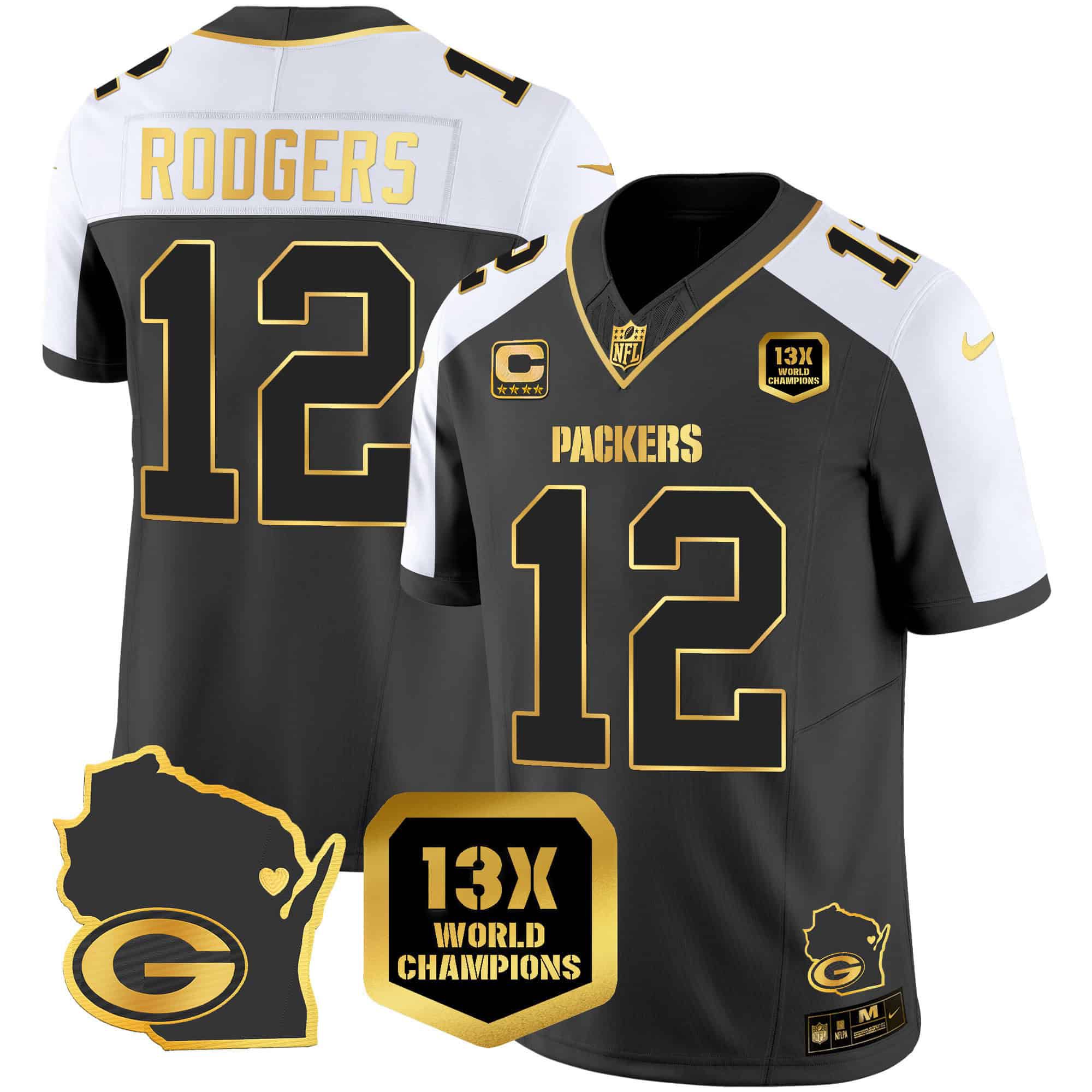 Men Green Bay Packers 12 Rodgers Black Gold 2024 Nike World Champions Home Patch Vapor NFL Jersey